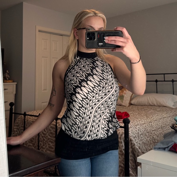 Black and White Y2K 90s Halter Top high neck going out top blouse large - Picture 1 of 5